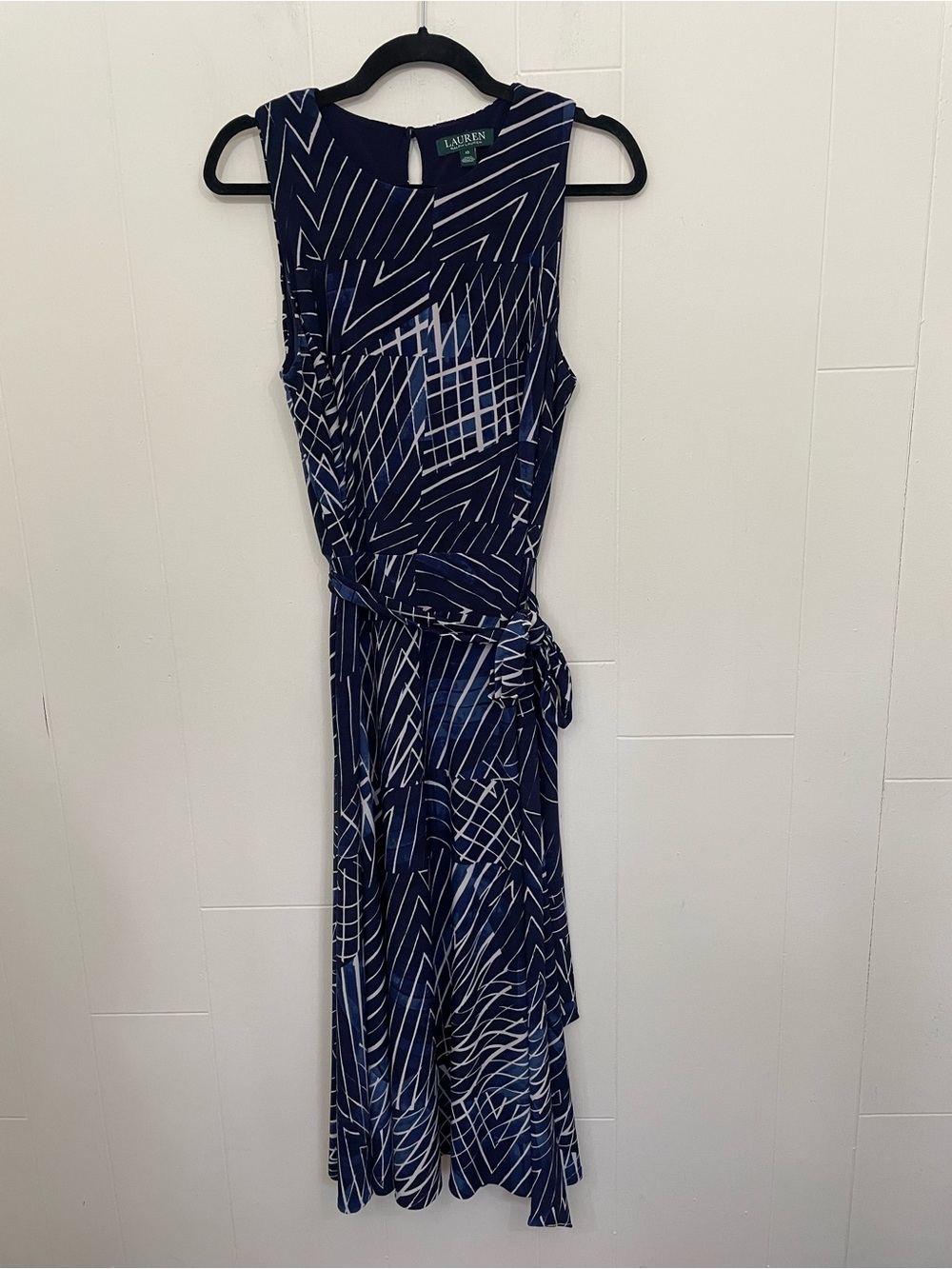 Lauren Ralph Lauren Sleeveless Printed Maxi Dress Size 10 Belted Navy Blue Chic
